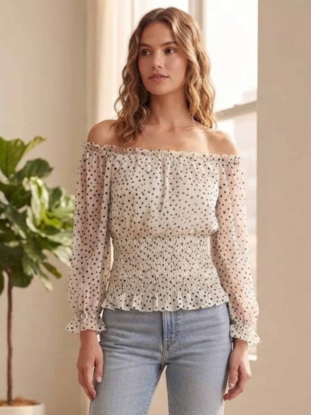 Anthropologie Polka Dot Peplum Top XS Ruffle Sheer 3/4 Sleeves Smocked Crop AOP